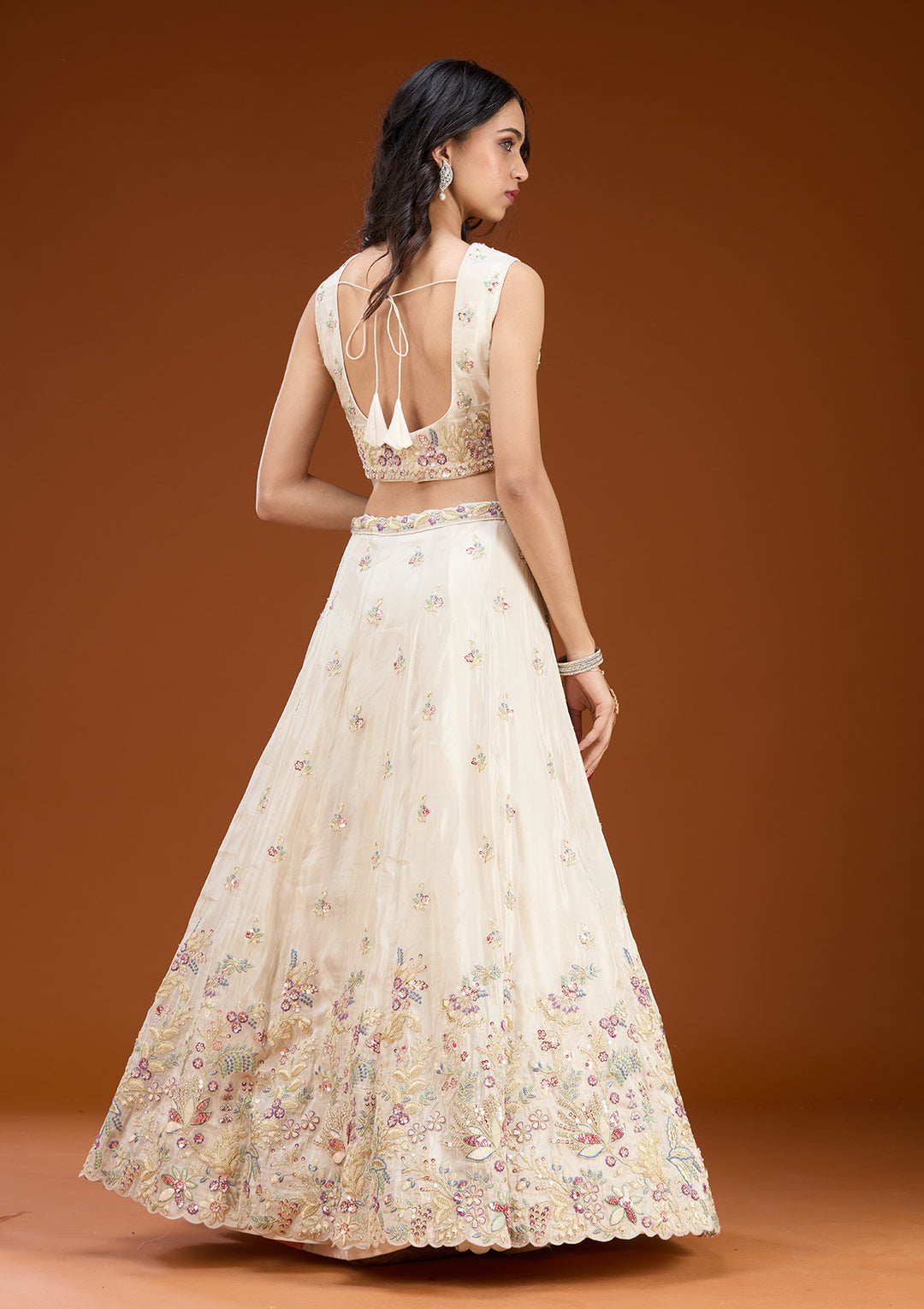 Cream Threadwork Tissue Readymade Lehenga