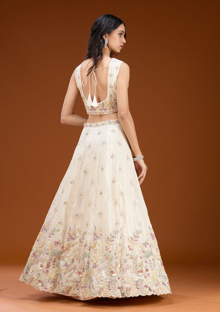 Cream Threadwork Tissue Readymade Lehenga