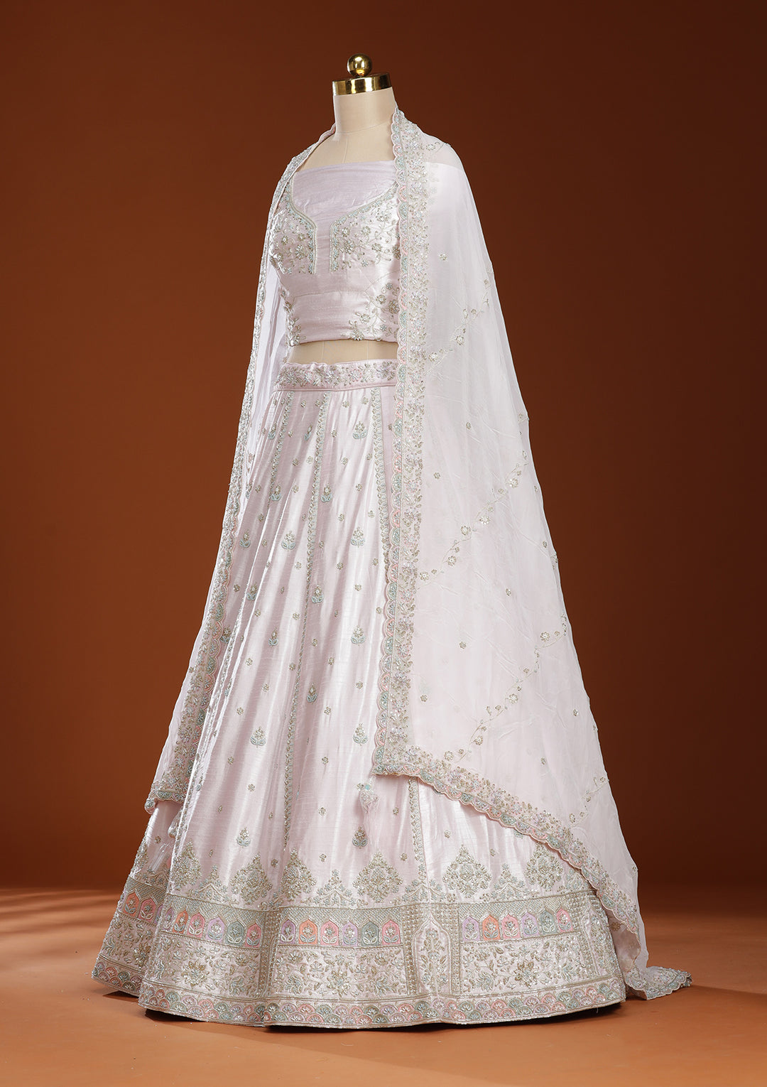 Pink Cording Soft Raw Silk Semi-Stitched Lehenga