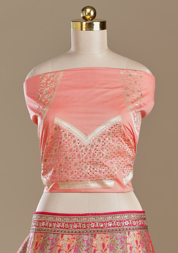 Peach Stonework Banarasi Semi-Stitched Lehenga