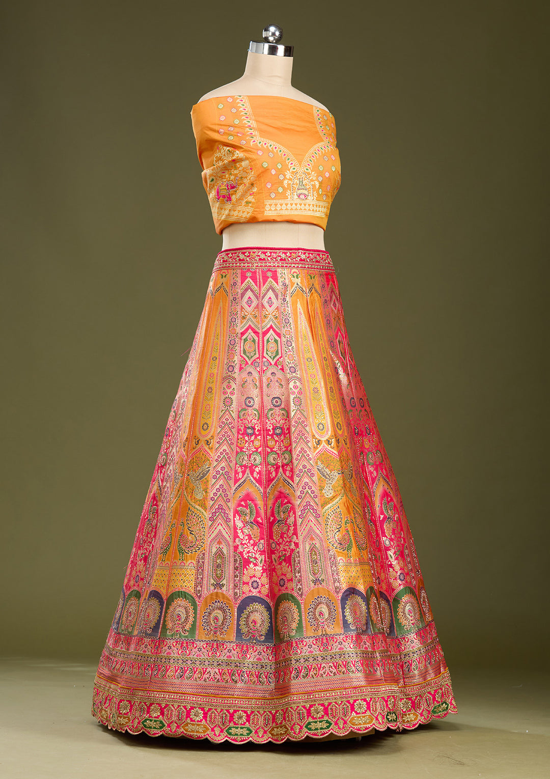 Mustard Stonework Banarasi Readymade Lehenga