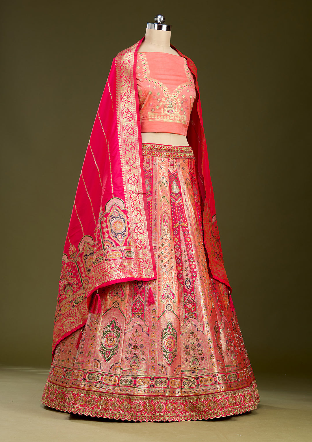 Peach Stonework Banarasi Readymade Lehenga