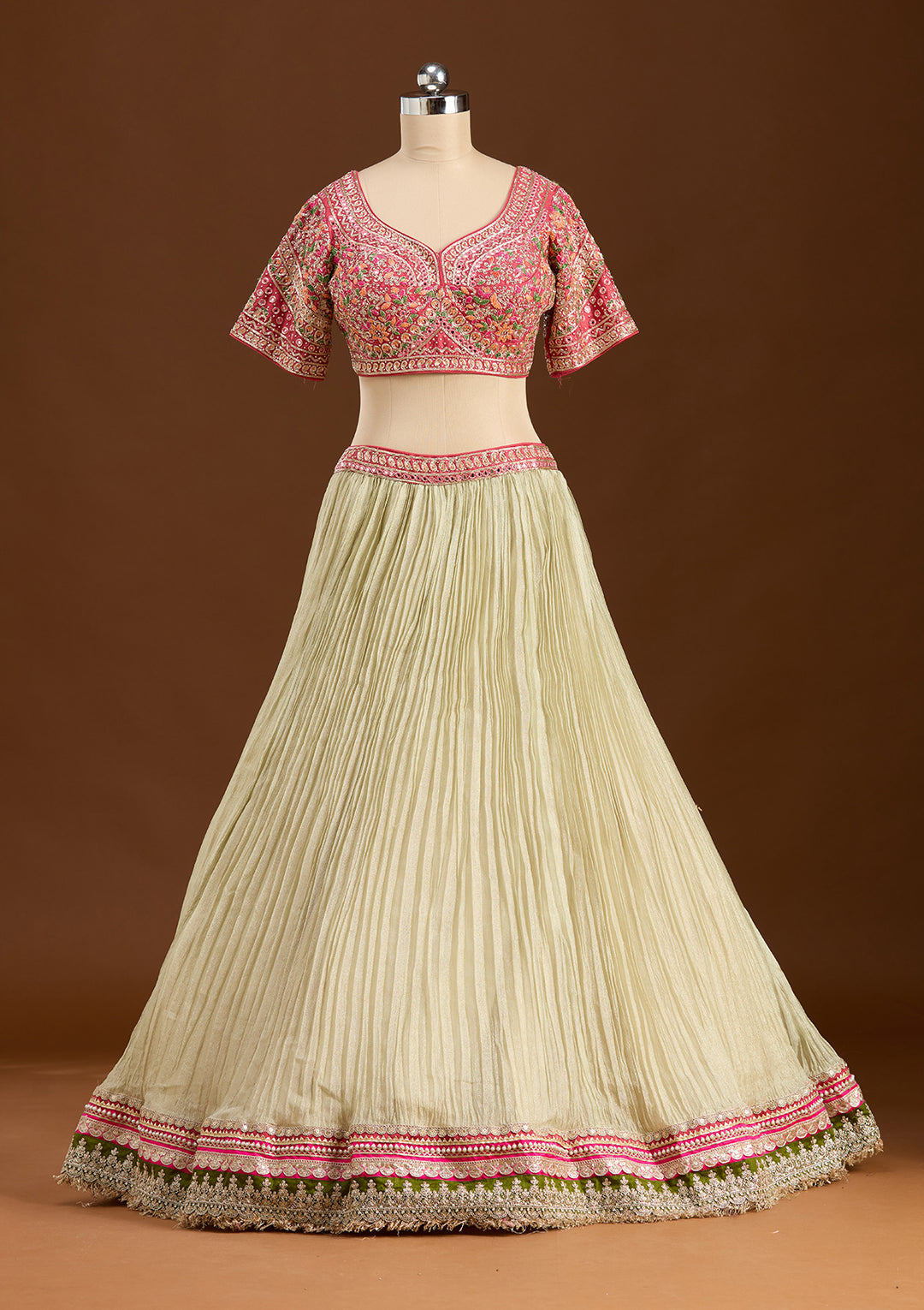 Beige Threadwork Georgette Readymade Lehenga
