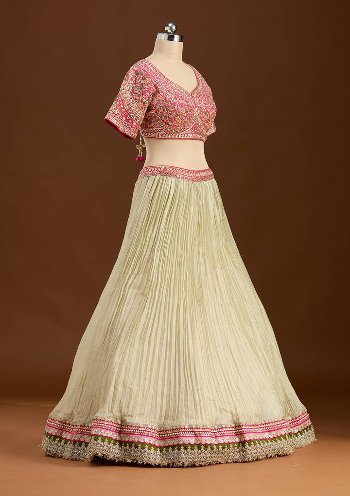 Beige Threadwork Georgette Readymade Lehenga