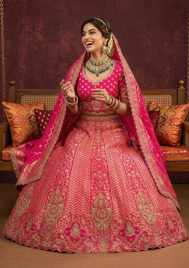 Rani Pink Zariwork (Gold) Banarasi Readymade Lehenga