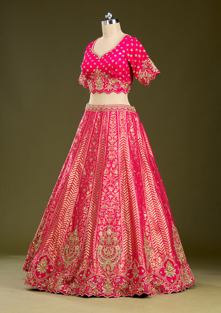 Rani Pink Zariwork (Gold) Banarasi Readymade Lehenga