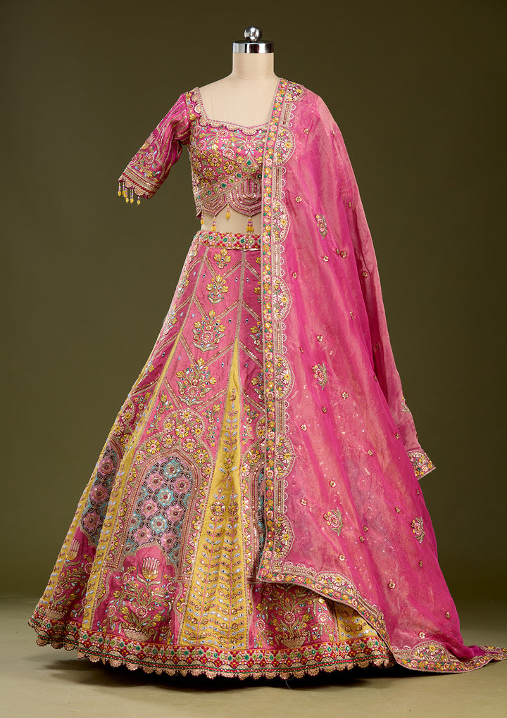 Pink Threadwork Banarasi Readymade Lehenga