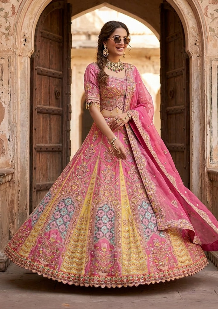 Pink Threadwork Banarasi Readymade Lehenga