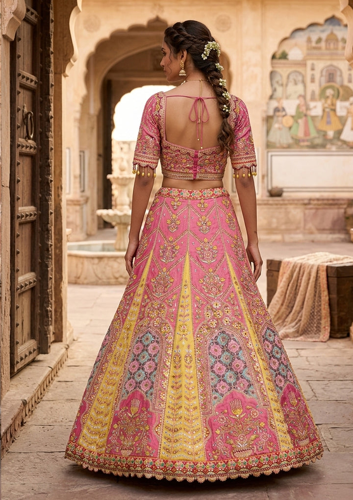 Pink Threadwork Banarasi Readymade Lehenga