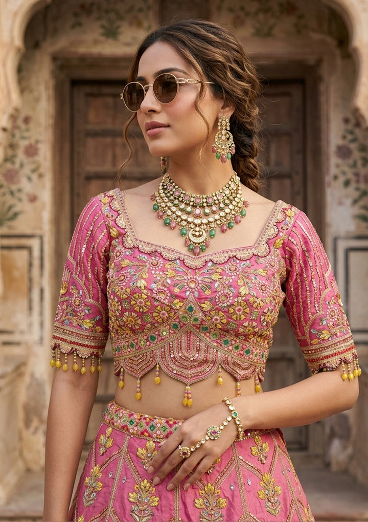 Pink Threadwork Banarasi Readymade Lehenga