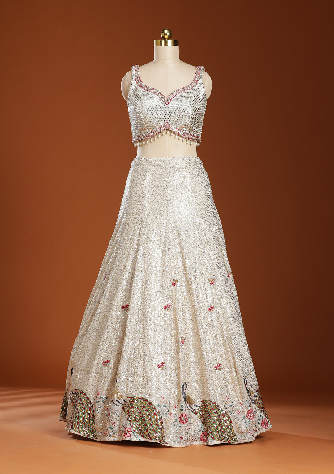 Cream Sequins Georgette Readymade Lehenga