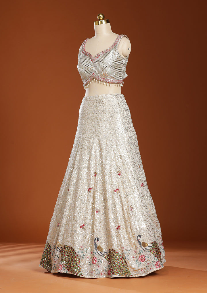 Cream Sequins Georgette Readymade Lehenga