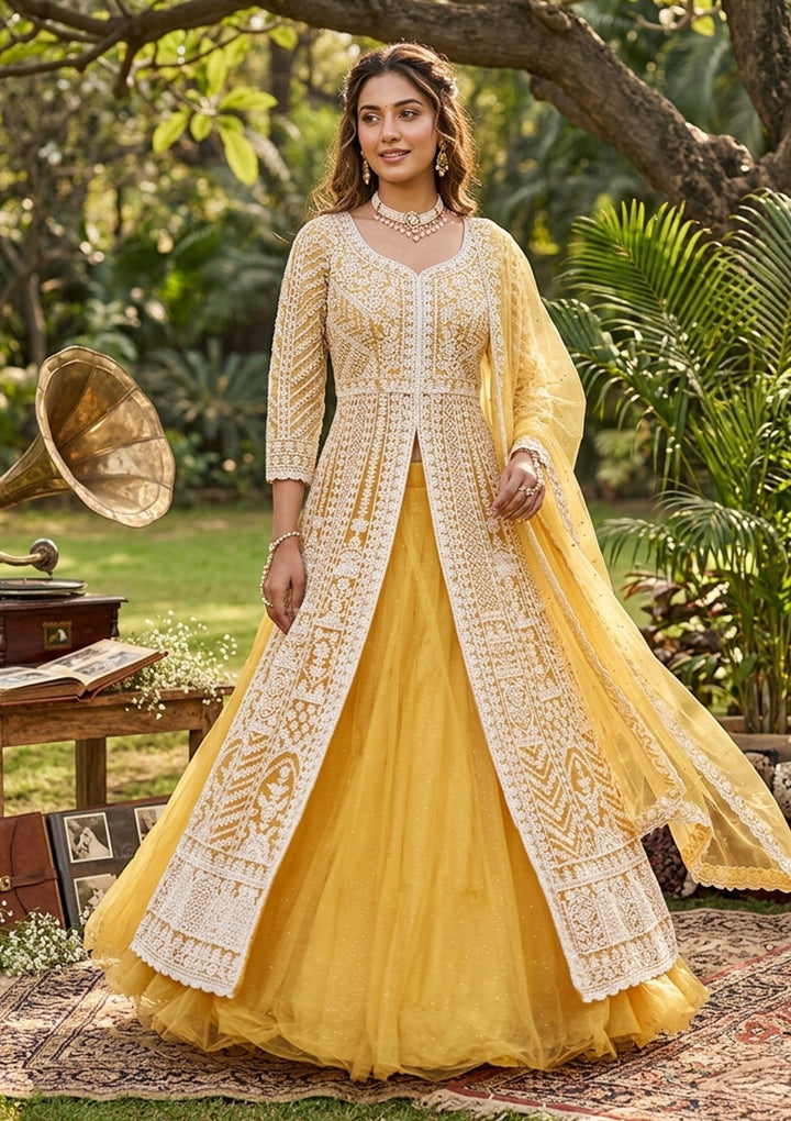 Mustard Yellow Threadwork Net Readymade Lehenga