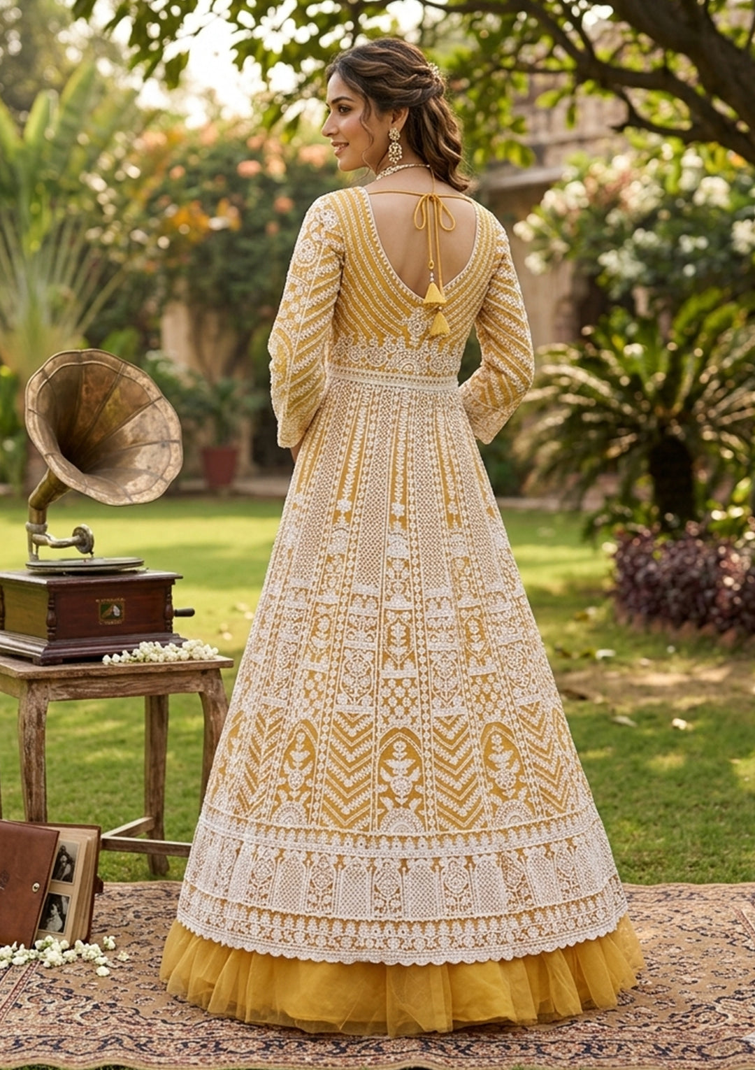 Mustard Yellow Threadwork Net Readymade Lehenga