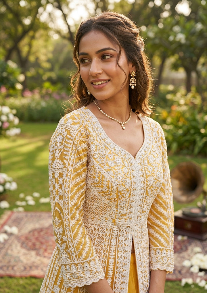 Mustard Yellow Threadwork Net Readymade Lehenga