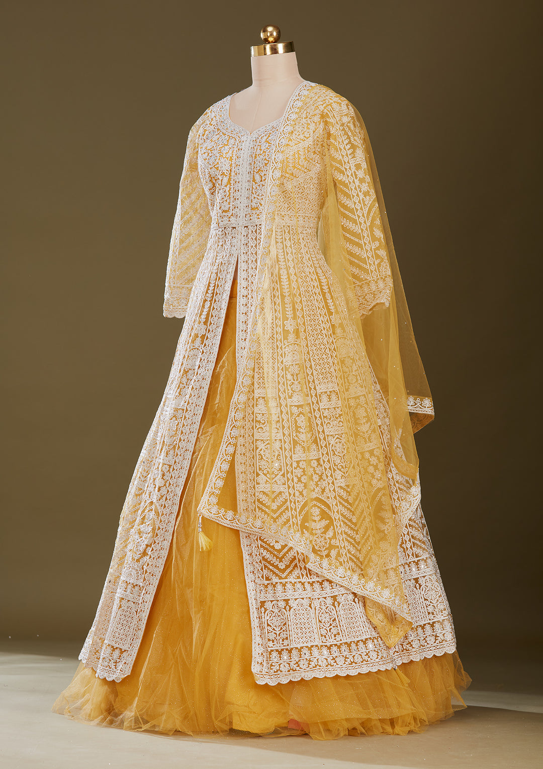 Mustard Yellow Threadwork Net Readymade Lehenga