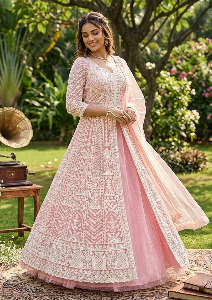 Pink Threadwork Net Readymade Lehenga