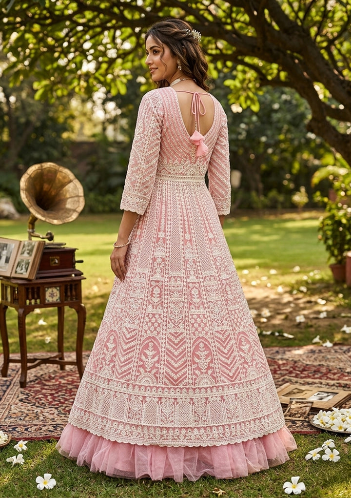 Pink Threadwork Net Readymade Lehenga