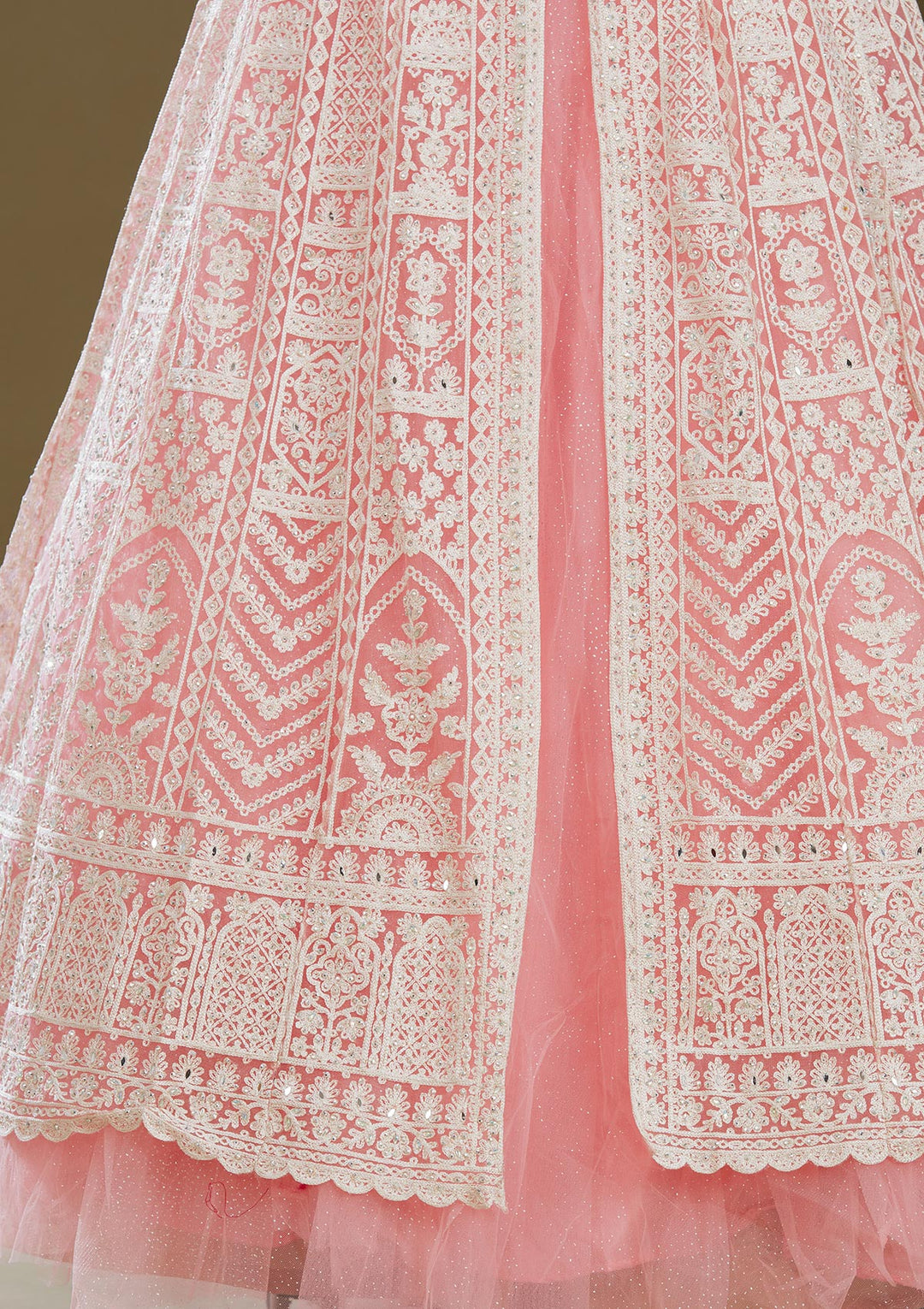Pink Threadwork Net Readymade Lehenga