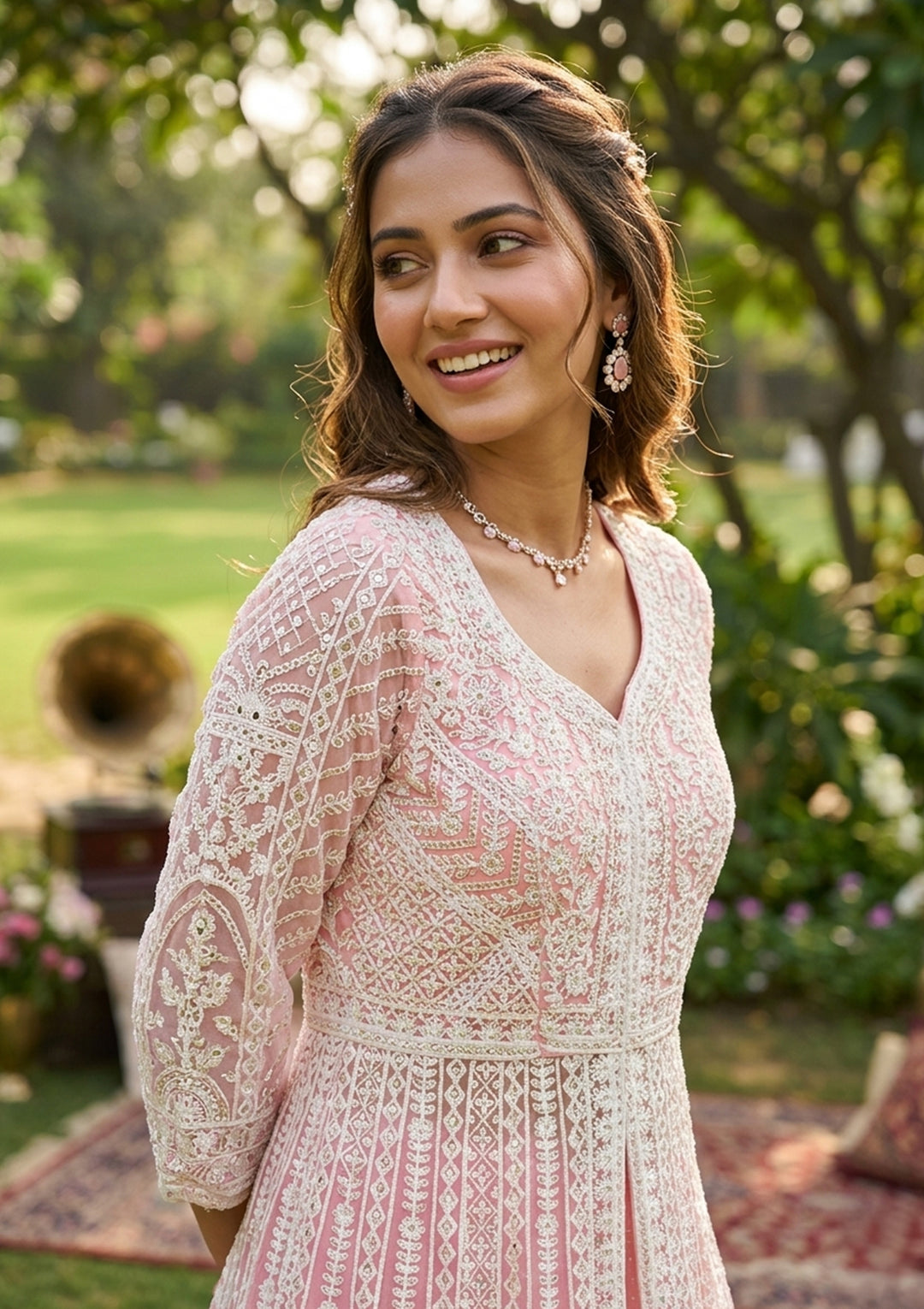 Pink Threadwork Net Readymade Lehenga