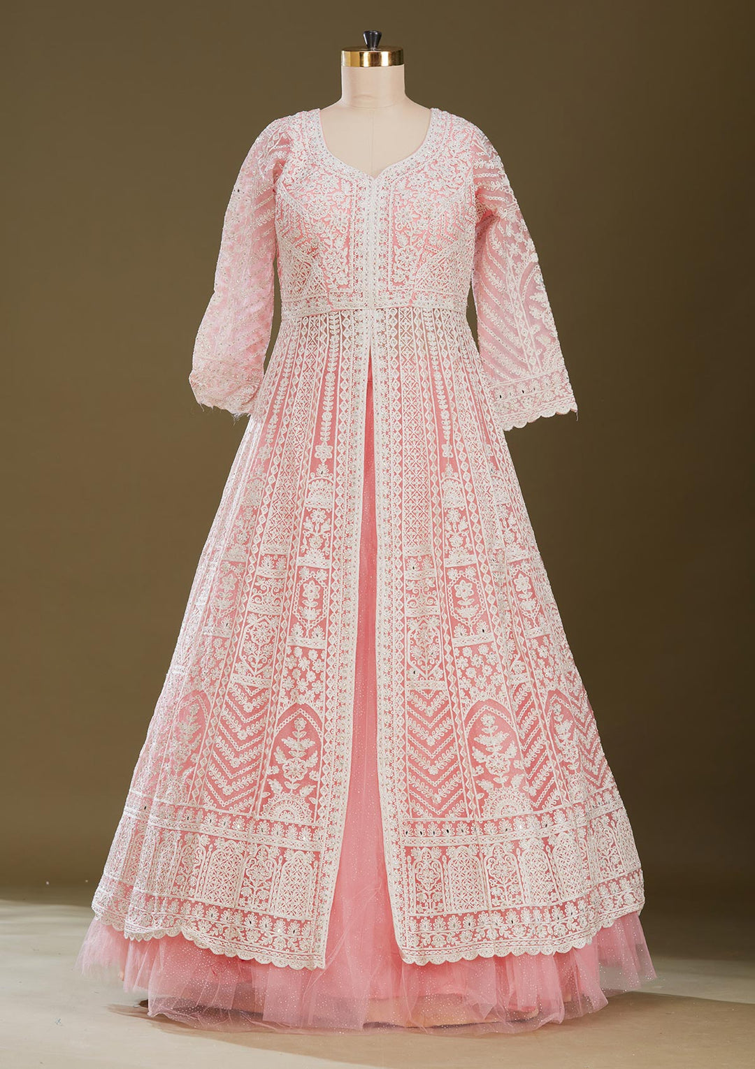 Pink Threadwork Net Readymade Lehenga