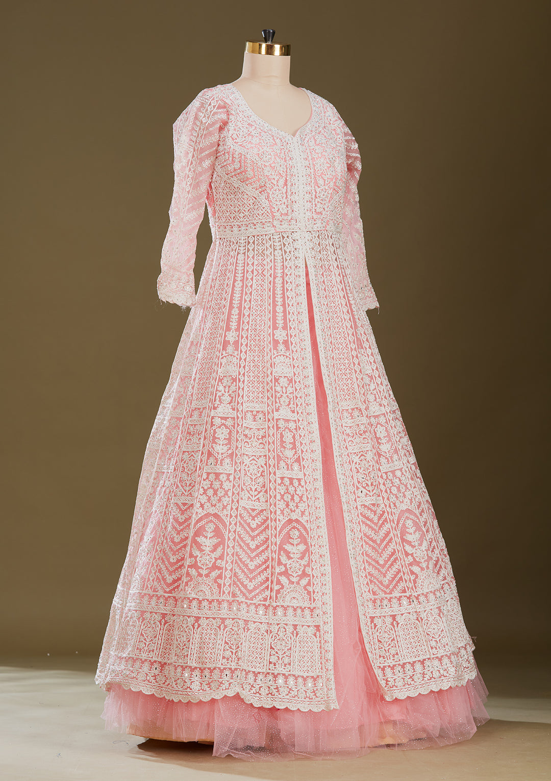 Pink Threadwork Net Readymade Lehenga