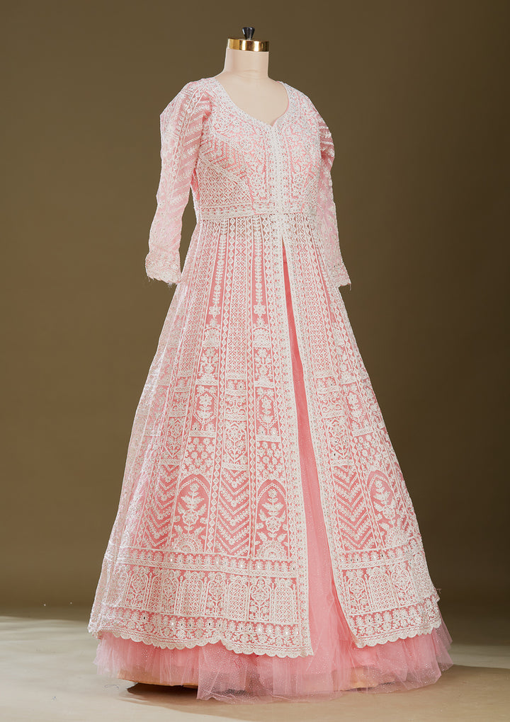 Pink Threadwork Net Readymade Lehenga