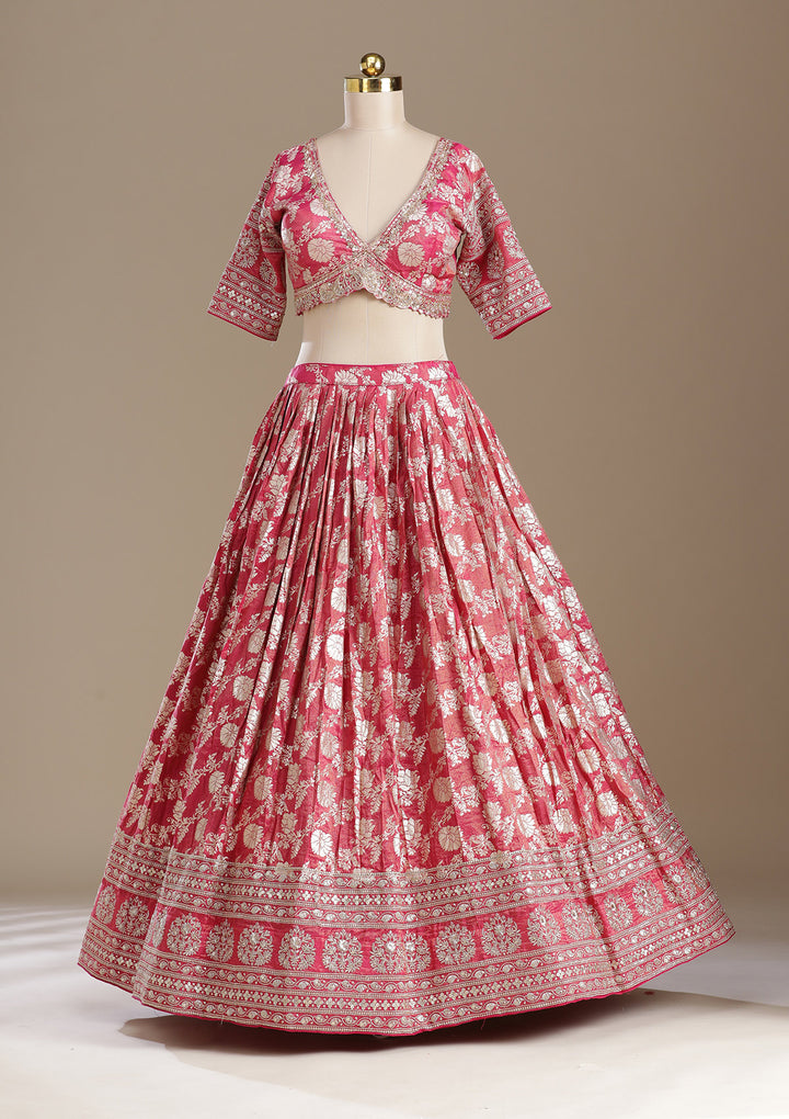 Gajari Pink Cording Banarasi Readymade Lehenga