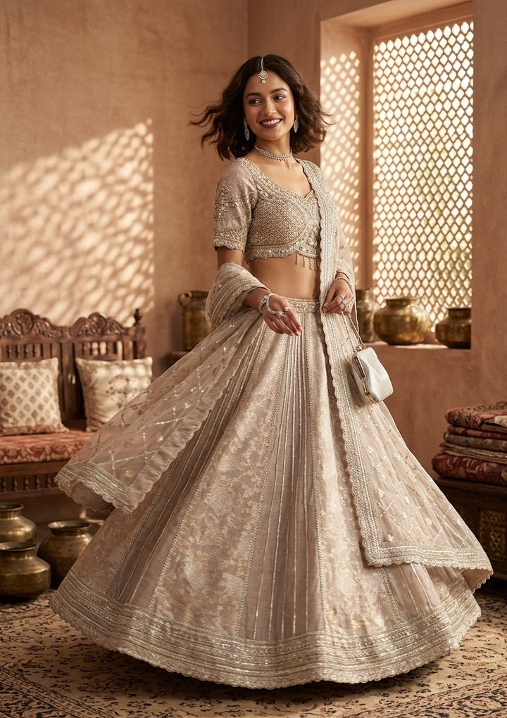 Grey Mirrorwork Organza Readymade Lehenga