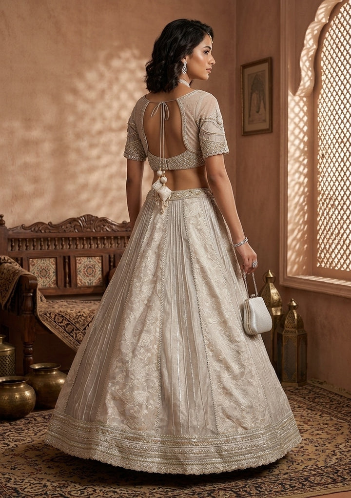 Grey Mirrorwork Organza Readymade Lehenga