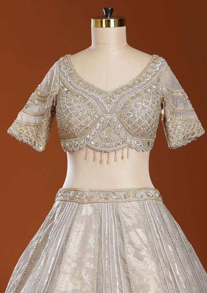 Grey Mirrorwork Organza Readymade Lehenga
