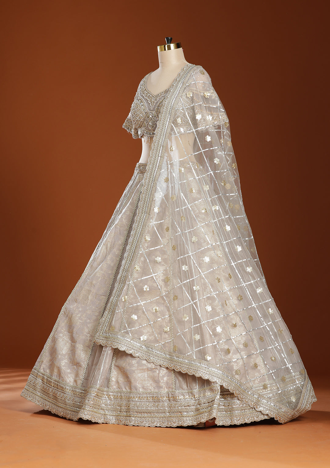 Grey Mirrorwork Organza Readymade Lehenga