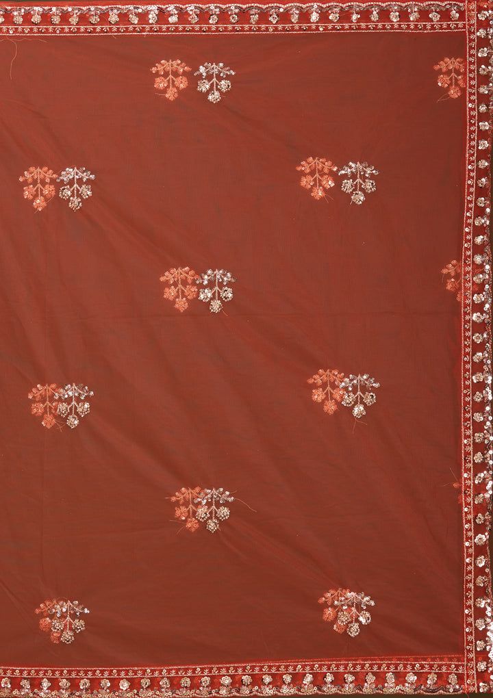 Rust Cutdana Net Readymade Lehenga