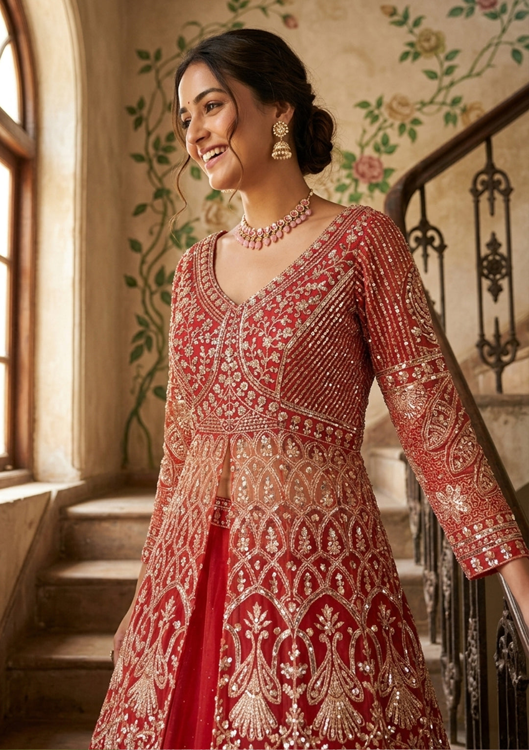 Rust Cutdana Net Readymade Lehenga