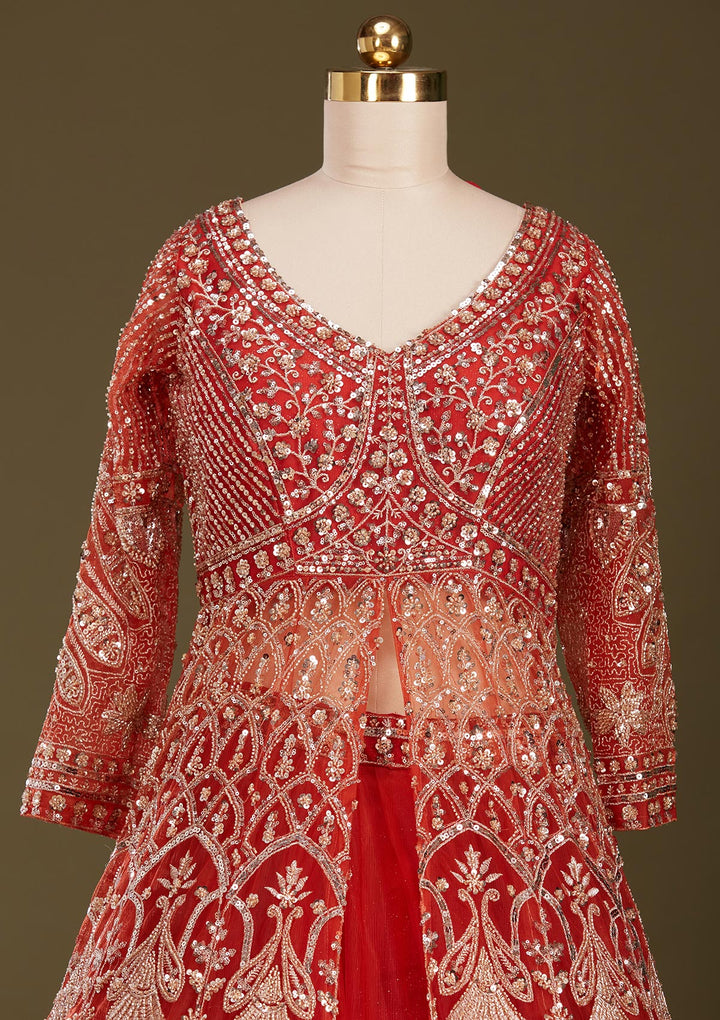 Rust Cutdana Net Readymade Lehenga