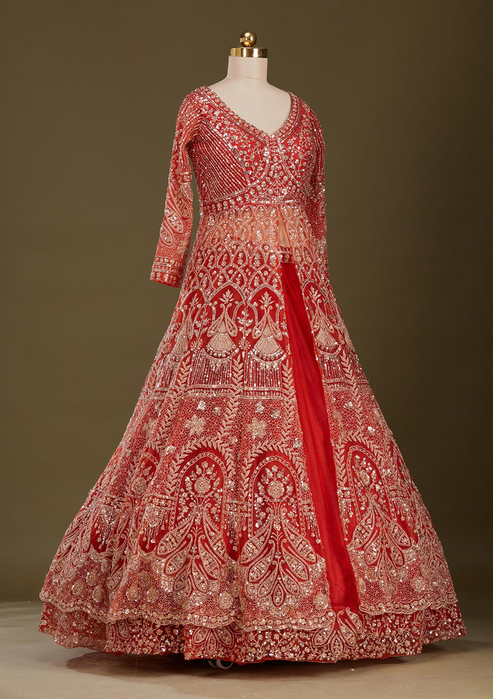 Rust Cutdana Net Readymade Lehenga
