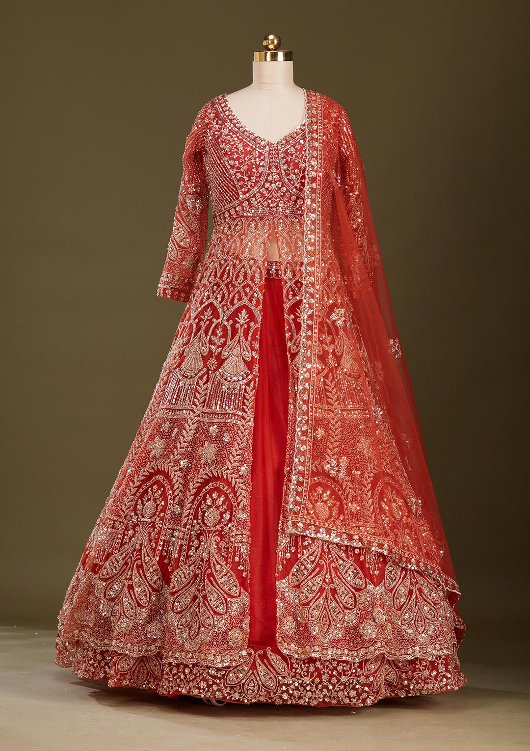 Rust Cutdana Net Readymade Lehenga