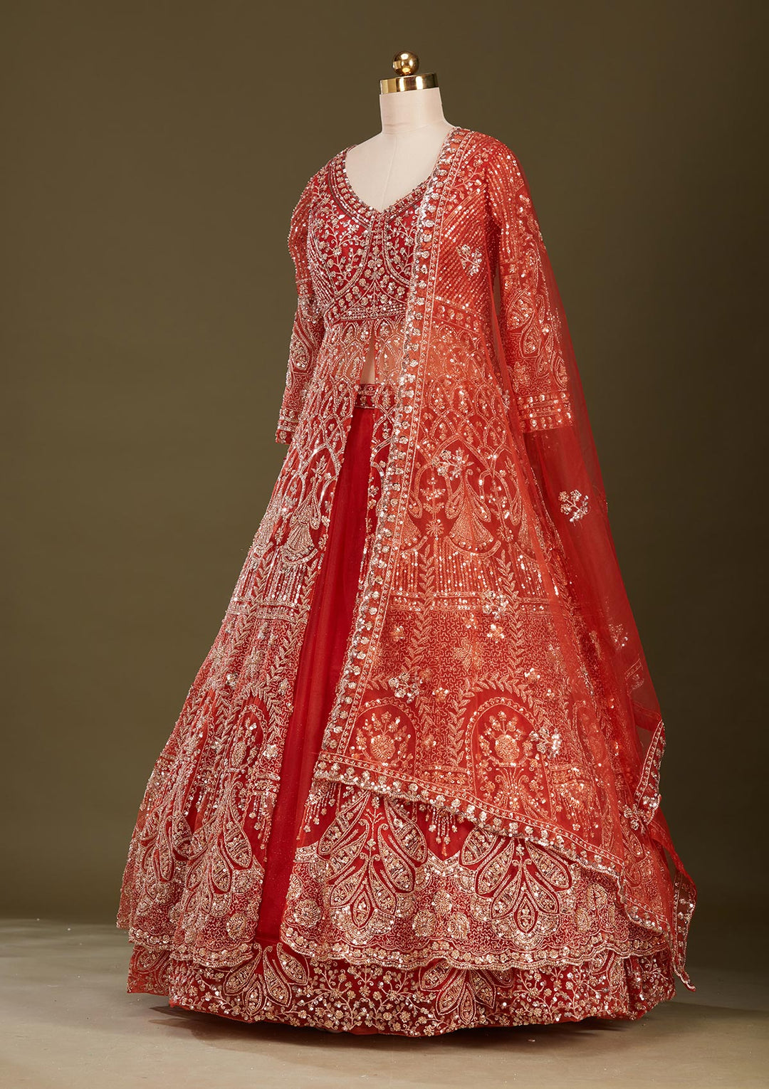 Rust Cutdana Net Readymade Lehenga