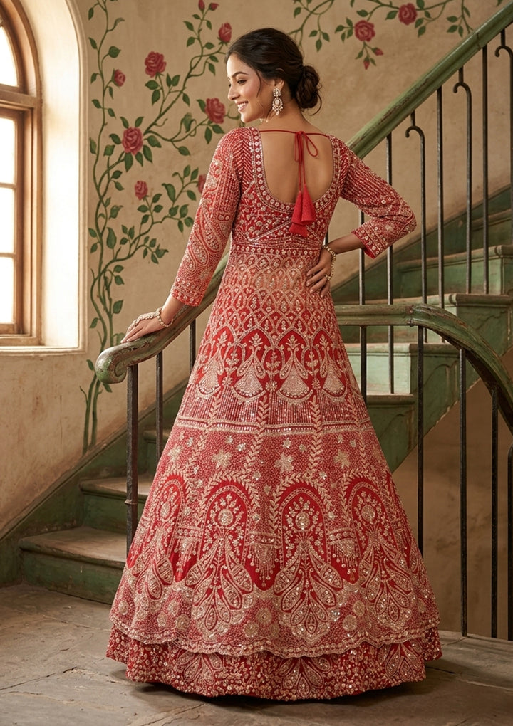 Rust Cutdana Net Readymade Lehenga