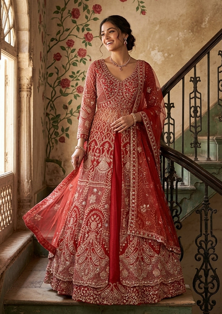 Rust Cutdana Net Readymade Lehenga
