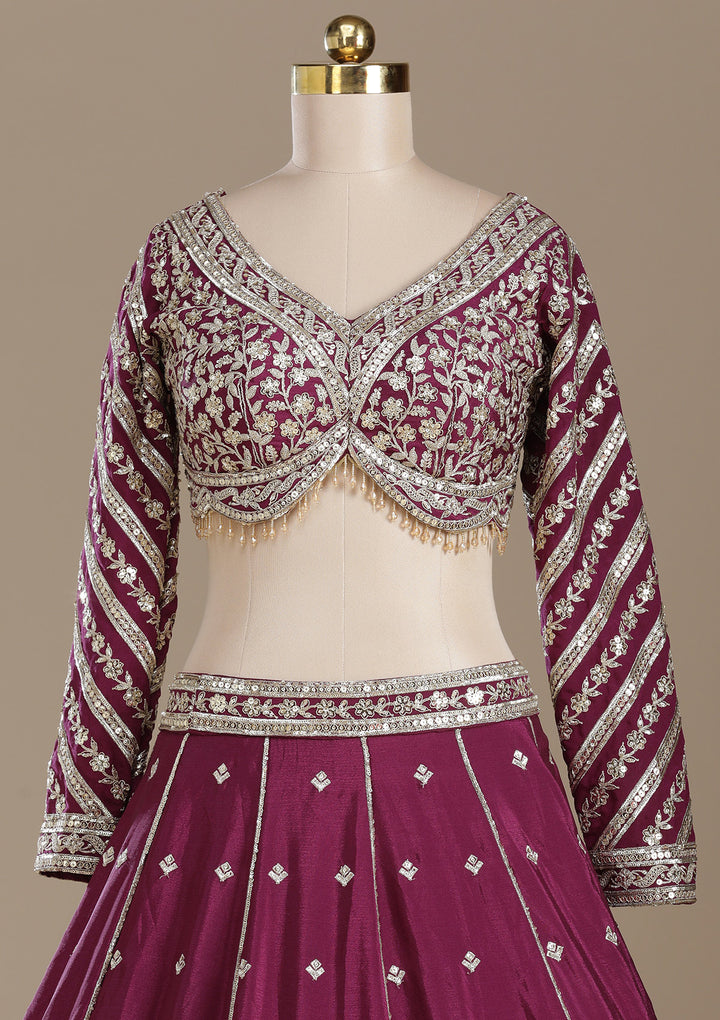 Wine Zariwork (Gold) Soft Raw Silk Readymade Lehenga