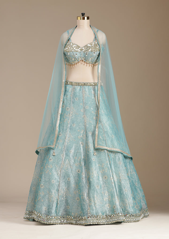 Sea Green Mirrorwork Organza Readymade Lehenga