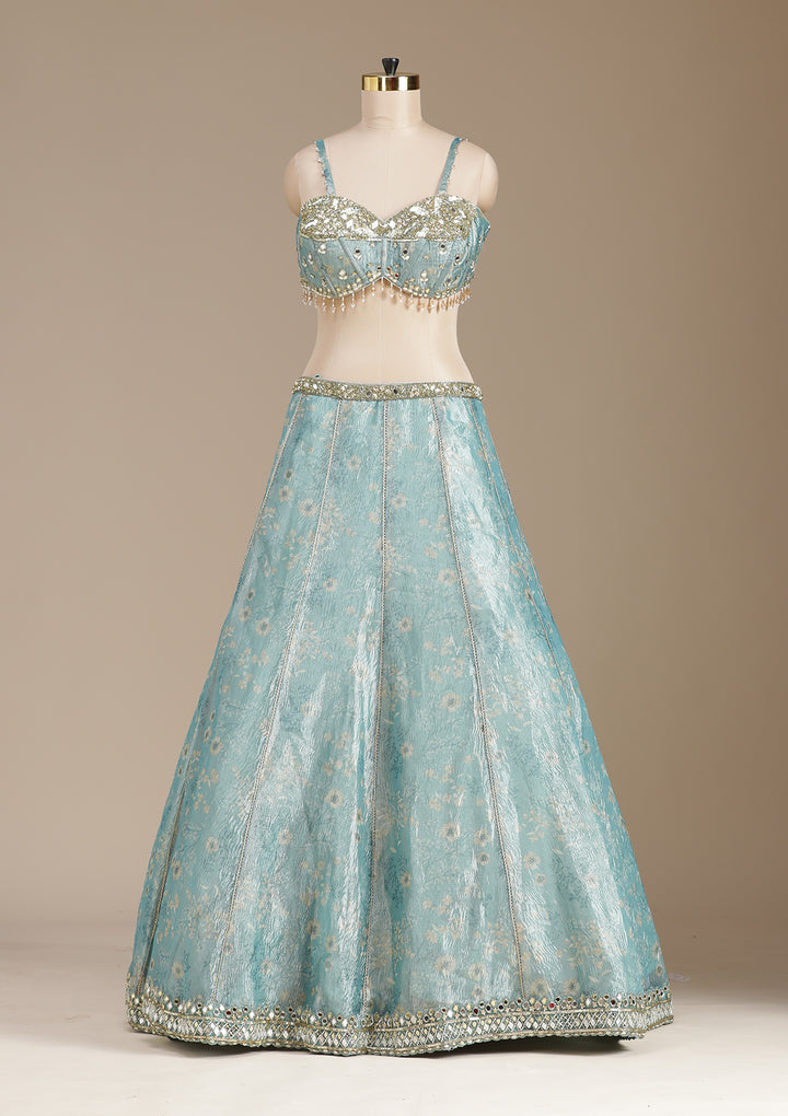 Sea Green Mirrorwork Organza Readymade Lehenga