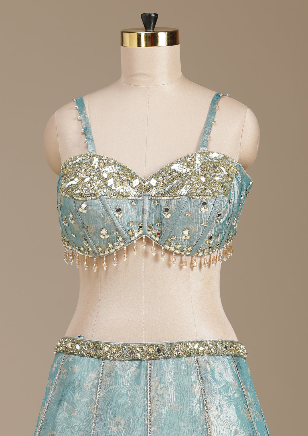 Sea Green Mirrorwork Organza Readymade Lehenga