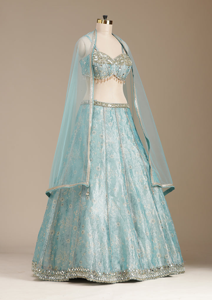 Sea Green Mirrorwork Organza Readymade Lehenga