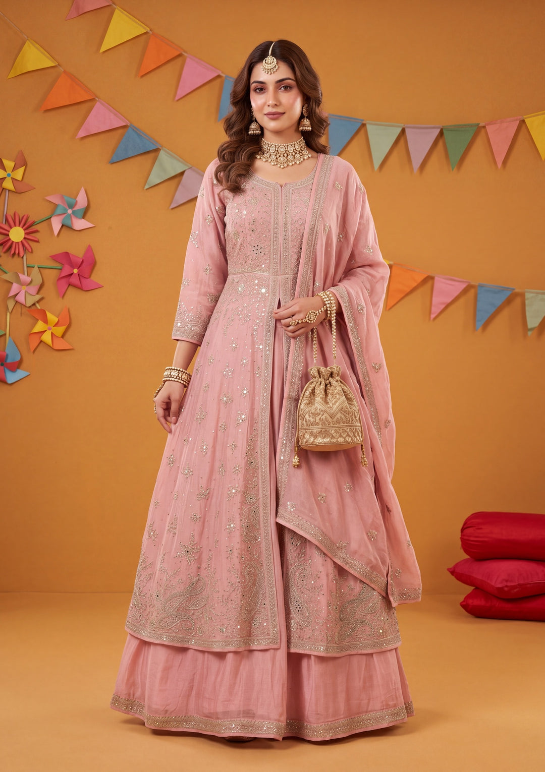 Silver Zariwork Pink Soft Raw Silk Stitched Lehenga Blouse With Dupatta