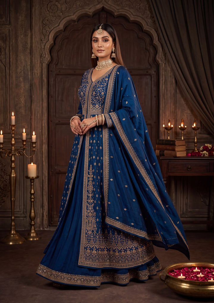 Silver Zariwork Peacock Blue Soft Raw Silk Stitched Lehenga Blouse With Dupatta