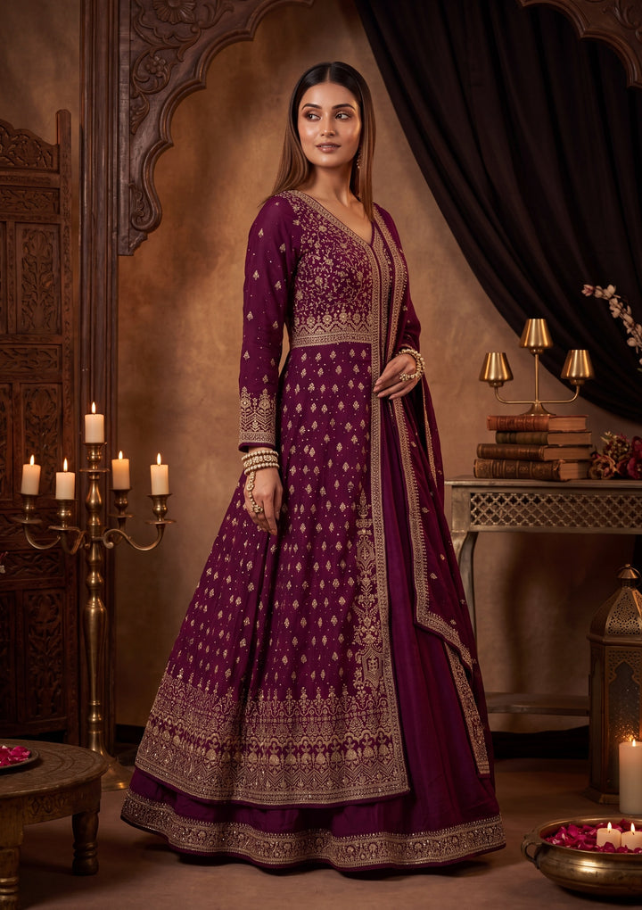Gold Zardozi Wine Soft Raw Silk Stitched Lehenga Blouse With Dupatta