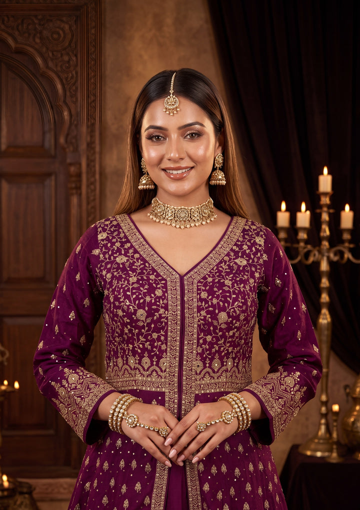 Gold Zardozi Wine Soft Raw Silk Stitched Lehenga Blouse With Dupatta