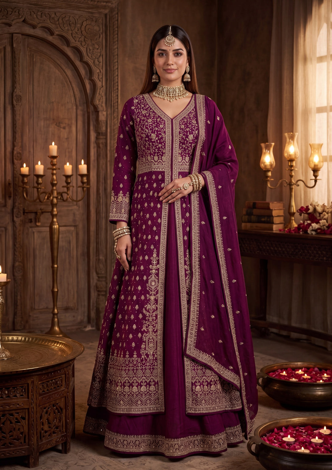 Gold Zardozi Wine Soft Raw Silk Stitched Lehenga Blouse With Dupatta